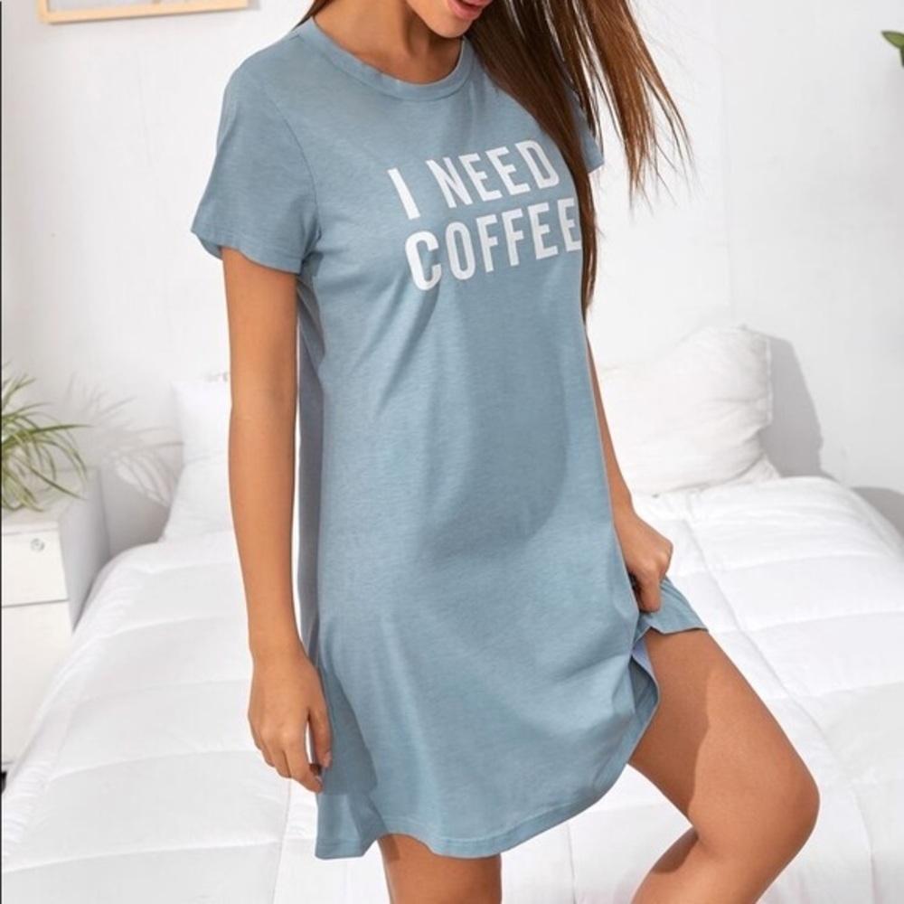 New Teal T-shirt Nightgown I Need Coffee - Picture 3 of 6